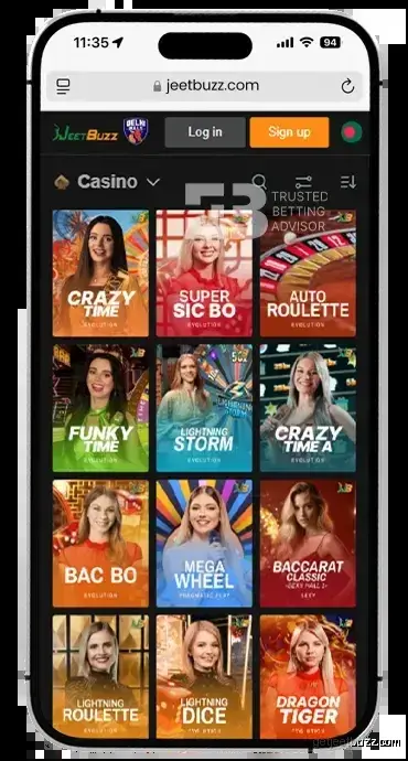 JeetBuzz iOS app live casino lobby on iPhone